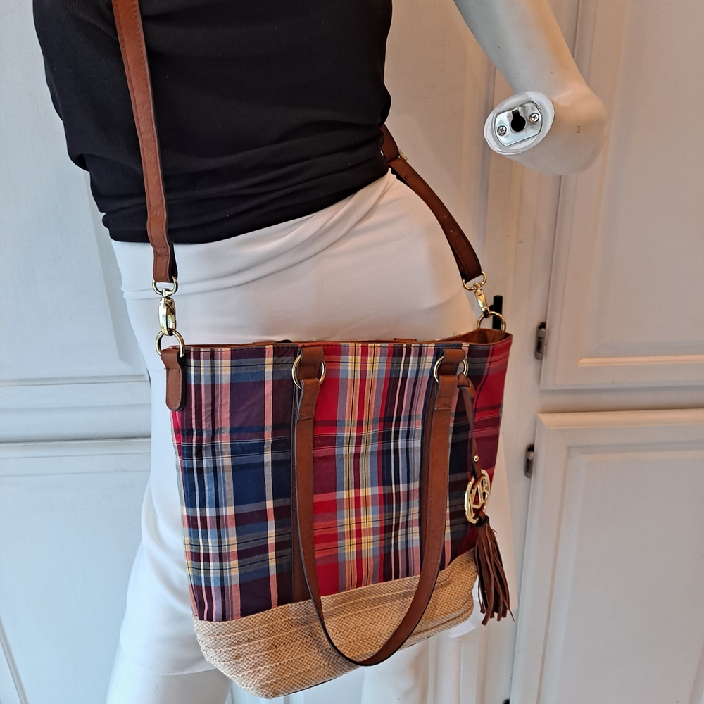 Kim Rogers Red & Blue Madras Plaid Tote with Brown Leather Trim - Picture 9 of 12
